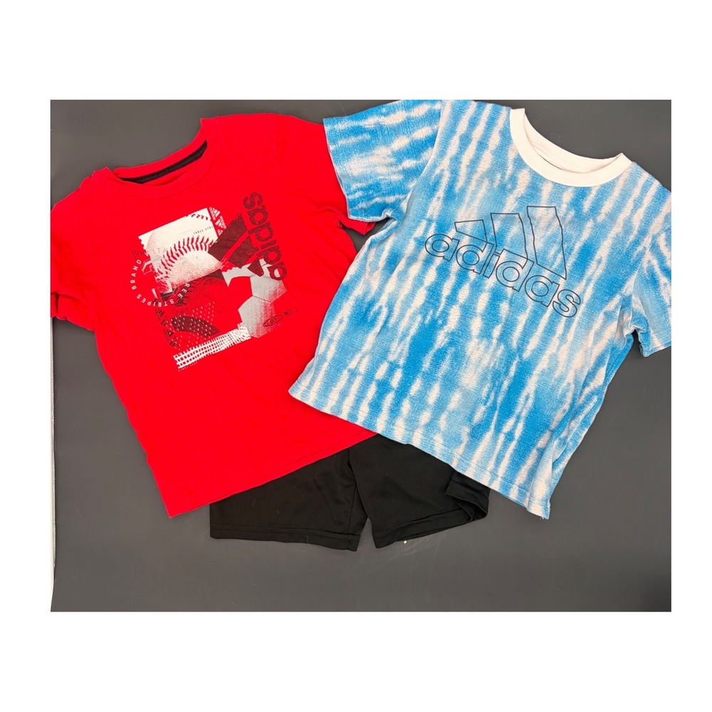 Adidas Boys 3 Piece Set Size 5 Red Graphic Tee Blue Tie Dye Shirt Black Shorts